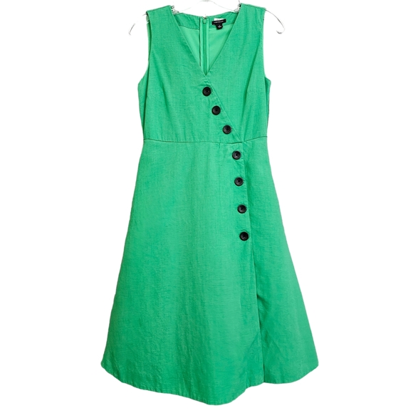 Nwot Ann Taylor Green Faux Wrap Side Button Linen Blend Sleeveless Flared Dress - Picture 3 of 15